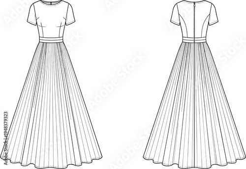 Women pleated maxi dress technical fashion sketch with short sleeves front and back view elegant apparel design template vector illustration