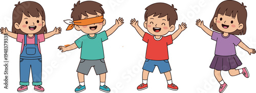 Cartoon set of happy little boys and girls playing games including hide and seek with blindfold and jumping for joy