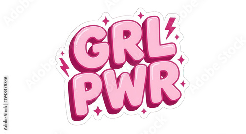 Pink GRL PWR Sticker, Girl Power Typography, Feminine Strength, Bold Text, Retro Style