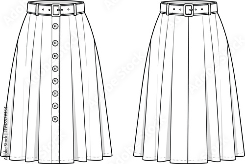Women pleated midi skirt technical fashion sketch with belt and button front closure front and back view apparel template vector illustration