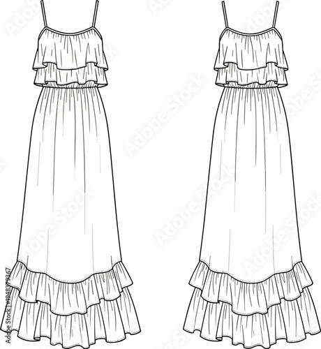 Women ruffle maxi dress technical fashion sketch with spaghetti straps front and back view elegant summer apparel design template vector illustration