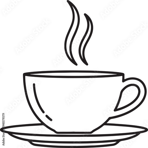Black and white line of a steaming coffee cup on a saucer also transparent background hot drink cup on saucer