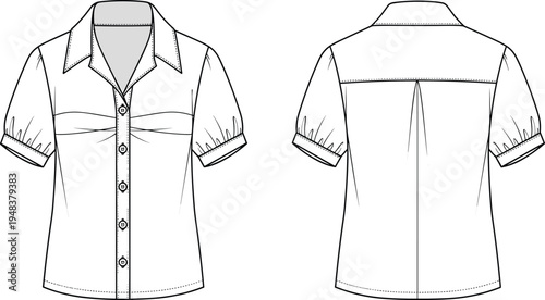 Women short sleeve button shirt technical fashion sketch with front and back view casual apparel design template vector illustration