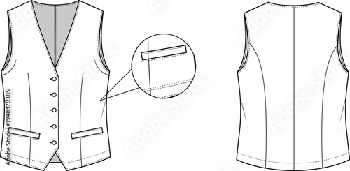 Women tailored vest technical fashion sketch with front and back view formal apparel design template vector illustration