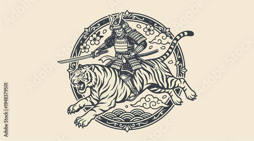 Samurai Warrior Riding a Majestic Tiger in Traditional Japanese Art Style.