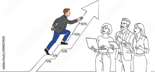 Businessman climbing growth arrow stairs with percentage symbols, team working on laptop and tablet, one line drawing art for career success and business progress concept