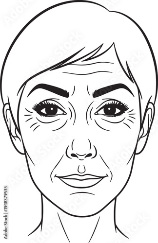 Black and white line of an elderly person with wrinkles and short hair also transparent background senior