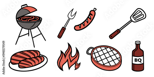 a barbecue setup with sausages and grill tools Vector