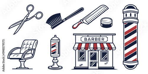 a collection of barber shop items and furniture Vector
