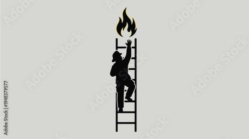 Silhouette of a person climbing a ladder towards a flame.
