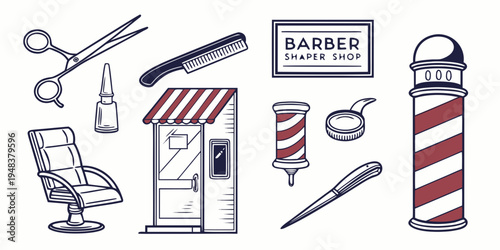 a collection of barber shop tools and symbols Vector