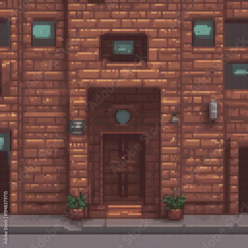 A pixel art image of a brick building with a large door, potted plants, and a street scene in the background.