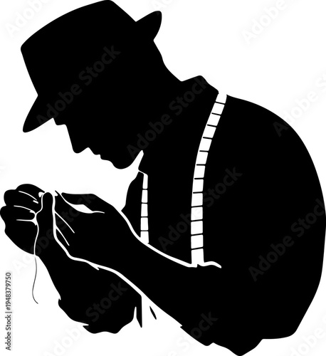 silhouette of a tailor focus on needle while he threading a needle in black and white silhouette vector with transparent background  