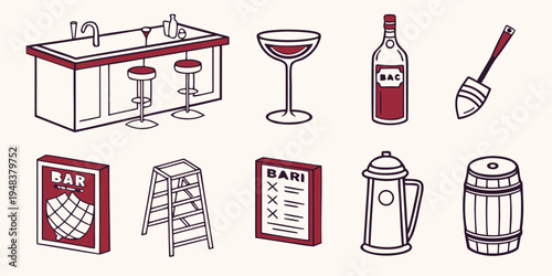 a collection of red and white kitchen items and appliances Vector