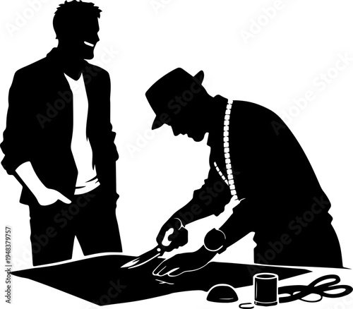 silhouette of a tailor cut a suit and one person stand a side of tailor and laugh in black and white silhouette vector with transparent background  