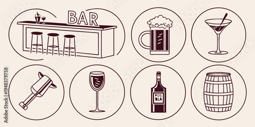 wine and beer bar with various glasses and bottle icons Vector