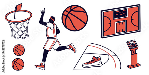 a basketball player in action with various basketball equipment Vector