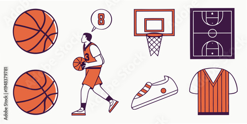 a collection of basketball themed items including balls and a player Vector