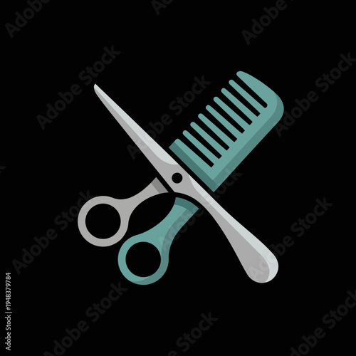 This graphic illustrates essential hair cutting tools, featuring crossed scissors and a comb, symbolizing professionalism, style, and innovation in the hair and beauty industry.