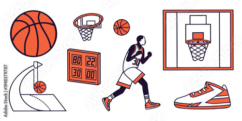 a basketball player in action with various basketball related items Vector