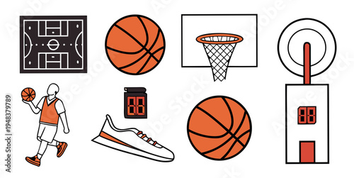 a collection of basketball related objects and a person playing basketball Vector