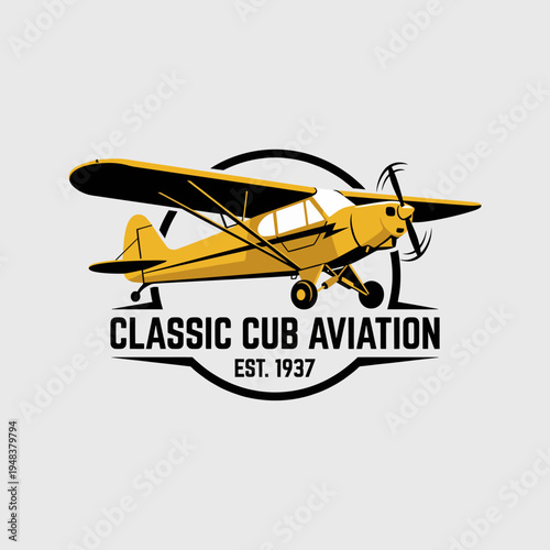 This logo features a classic yellow aircraft design representing vintage aviation nostalgia, tailored for Classic Cub Aviation since 1937, incorporating a circular emblem.