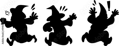 solid black silhouettes featuring dwarf wizards running in panic. Detailed character poses with expressive motion icons.for fantasy and fairytale themes.