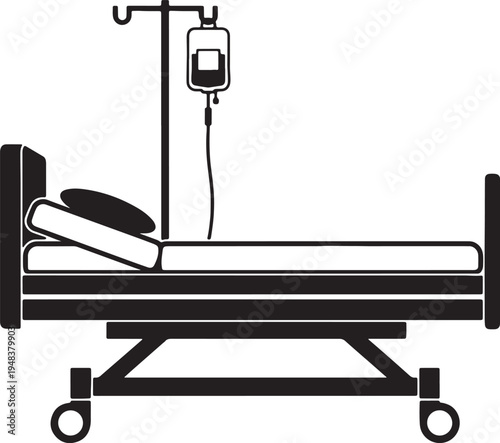 Black and white of a hospital bed with an i v drip also transparent background medical equipment intravenous drip