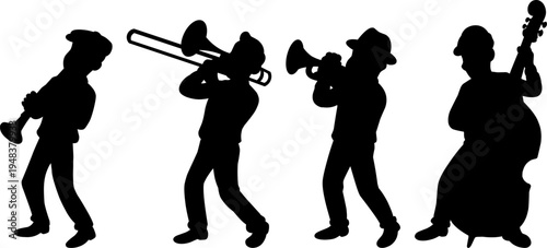 Silhouette set of jazz musicians playing instruments,clarinet, trombone, trumpet, and double bass,with dynamic pose.perfect for music festival branding, jazz club logos, and minimalist graphic design.