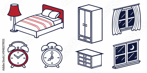 a collection of bedroom furniture and decor Vector