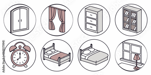 a collection of bedroom furniture and decor icons Vector