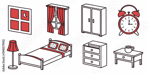 a collection of bedroom furniture and decor Vector
