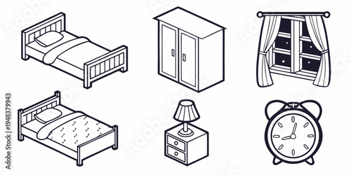 a collection of bedroom furniture and decor Vector