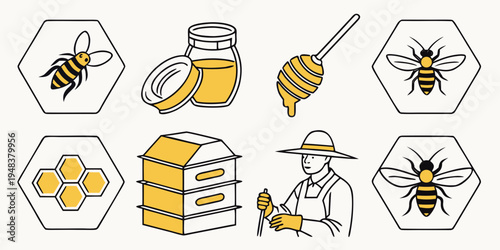 a set of bee and beekeeper related icons Vector