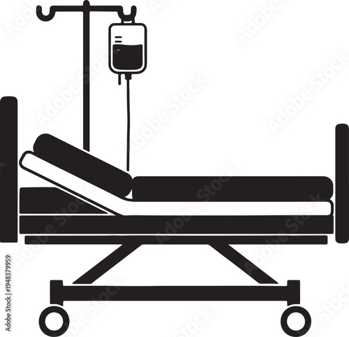 Black and white of a hospital bed with an i v drip stand and bag also transparent background iv drip