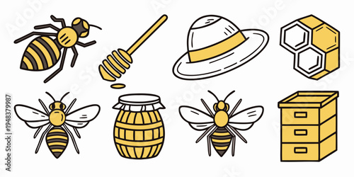 a set of yellow and black bee icons and symbols Vector