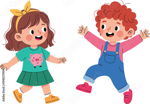 Cartoon set of happy little girl and boy jumping and playing together expressing joy and friendship for childhood concept design