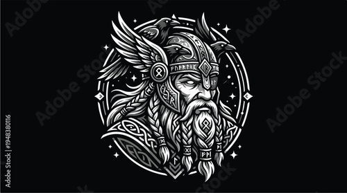 Viking Warrior Head with Helmet and Beard in Monochrome Style.
