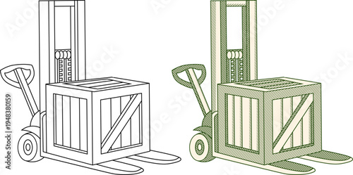 Illustration of a Manual Pallet Jack with Wooden Crate.vintage etching and line art style.for logistics, warehousing, and industrial supply chain concepts.