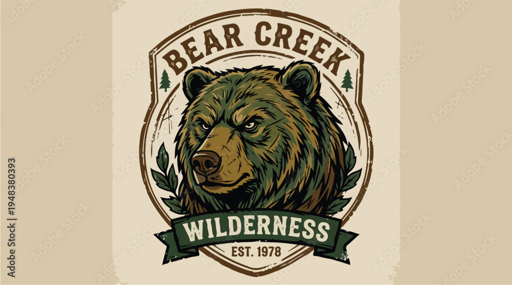 Obraz premium Vintage Bear Creek Wilderness Logo with Grizzly Bear Head.