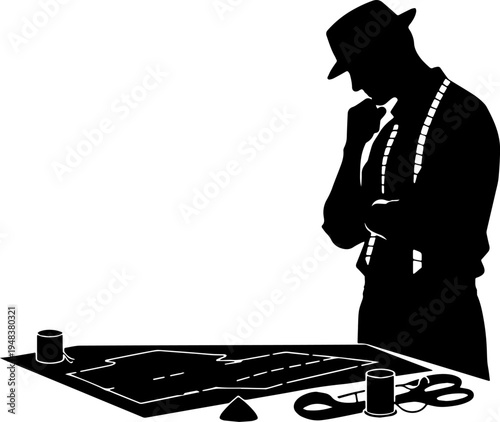 silhouette of a tailor stand a side of cutting suite and thinking in black and white silhouette vector with transparent background  