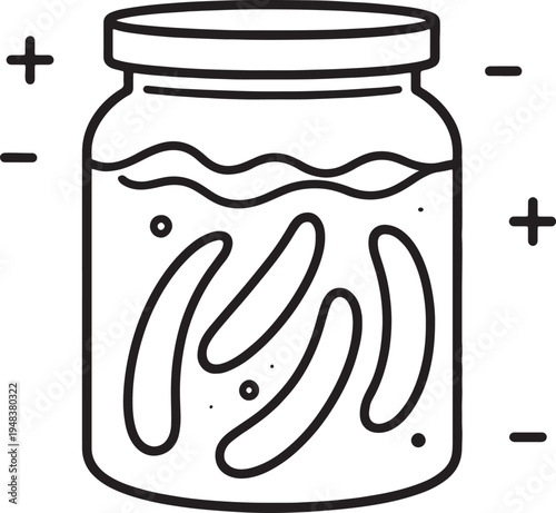 Black and white outline of a glass jar filled with pickles and brine with plus and minus symbols on the sides also transparent background