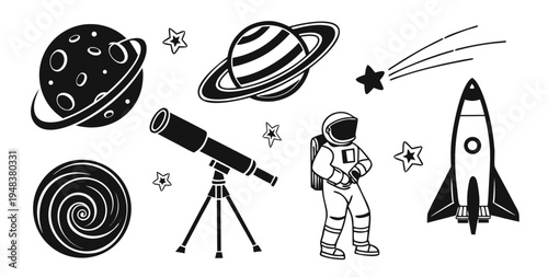 astronaut exploring the solar system with telescope and spacecraft Vector