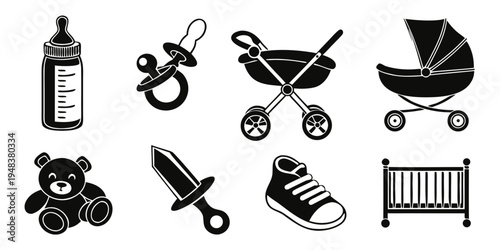 a collection of baby items and toys Vector