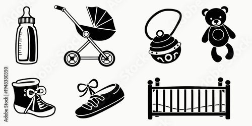 a collection of baby items including stroller and toys Vector