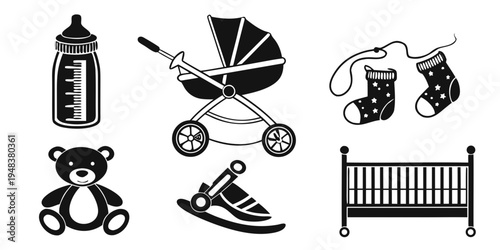 a collection of baby items including stroller and toys Vector