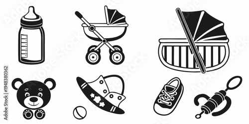 a collection of baby items including a stroller and toys Vector