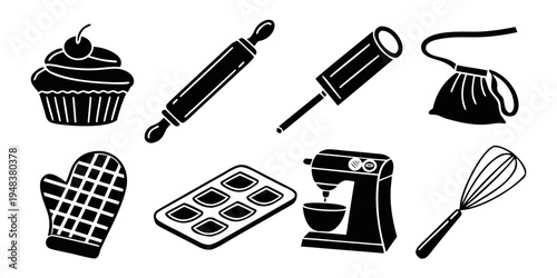 black and white illustration of baking tools and treats Vector