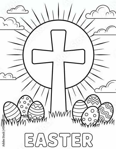 A coloring page featuring a prominent cross with radiant lines around it.