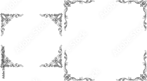 set of decorative floral frame corners featuring a classic vintage etching style.perfect for creating elegant borders on wedding invitations, certificates, and luxury brand packaging.